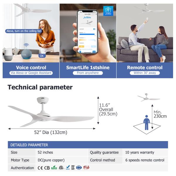 Indoor Energy Saving Ceiling Fan with Light Matte White Lower Noise and DC Motor
