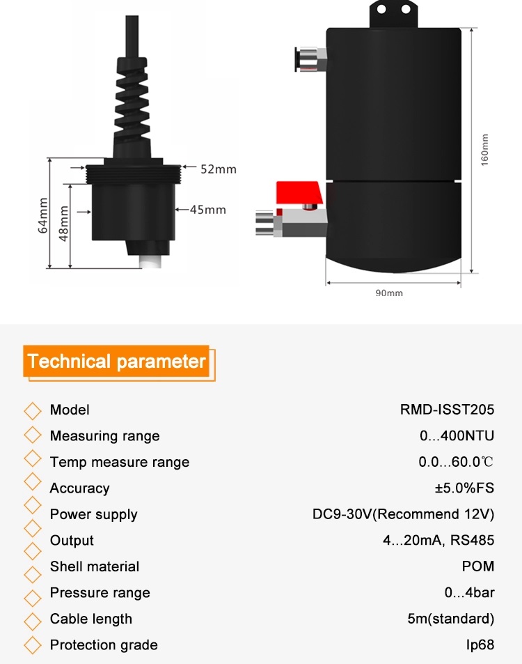 Water Analyzer 0-4000NTU Measuring Range RS485 Output 5m Cable Length M12 Connector