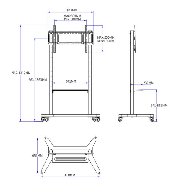 Adjustable Moving Stand for TV Interactive Whiteboard 55/75/86 inch Silent Wheels