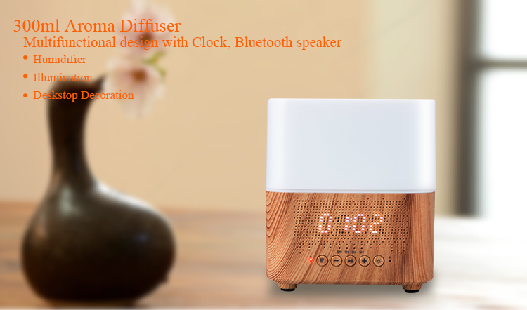 Wood Color 300ml Bluetooth Speaker Aroma Diffuser With Clock