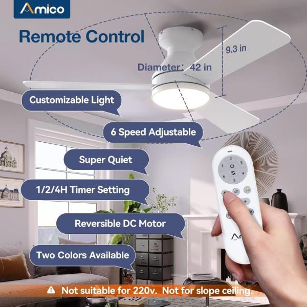 Ceiling Fans with Lights, 42 inch Low Profile Ceiling Fan with Light and Remote