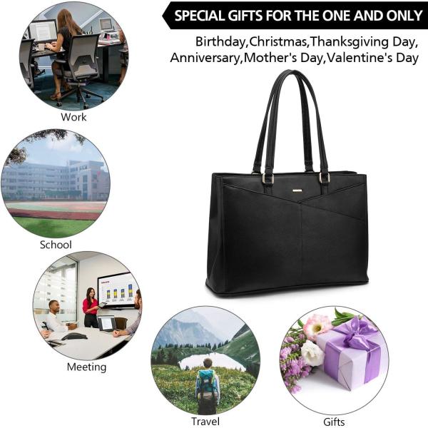 LAPTOP TOTE BAG FOR WOMEN 15.6 INCH WATERPROOF LEATHER COMPUTER BAGS BUSINESS OFFICE WORK BRIEFCASE BLACK