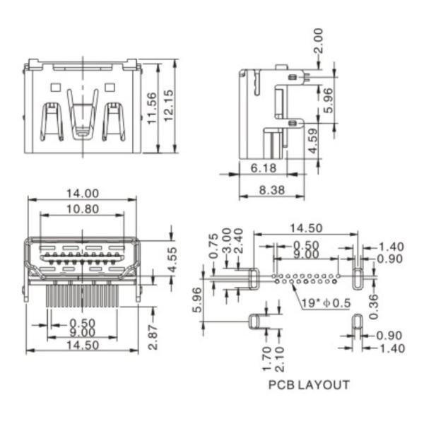 Black 19 Pin HDMI Connector Socket , High Temperature Hdmi Female Connector