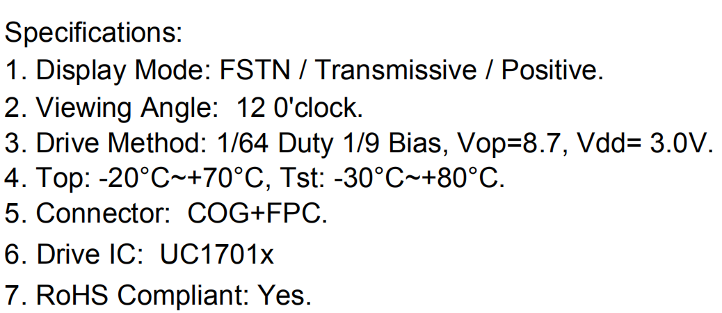 128x64 Graphic LCD Display with FSTN Display Mode and COG+FPC Connector for Industrial Control