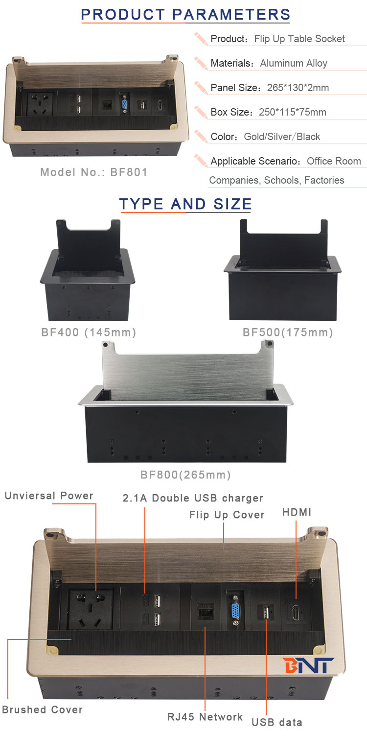 Conference table flip open brush socket with power data connectors