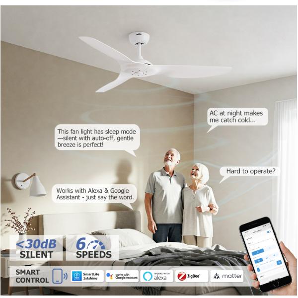 Indoor Energy Saving Ceiling Fan with Light Matte White Lower Noise and DC Motor