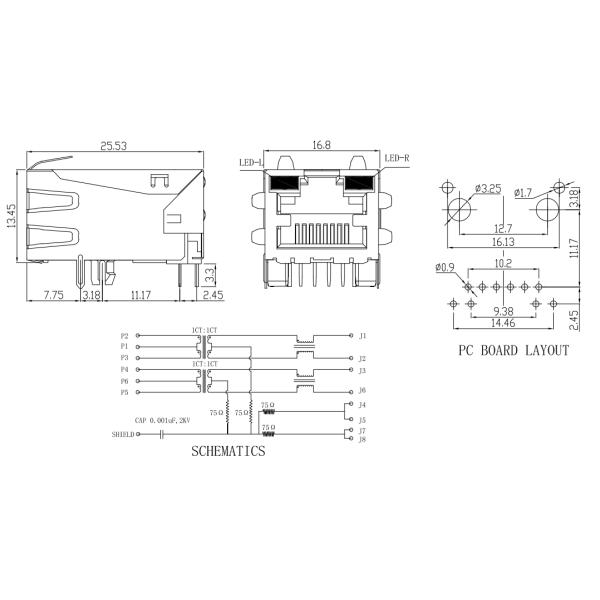 Tab Down RJ45 Single Port , Shielded RJ45 Jack With Yellow / Green LEDs
