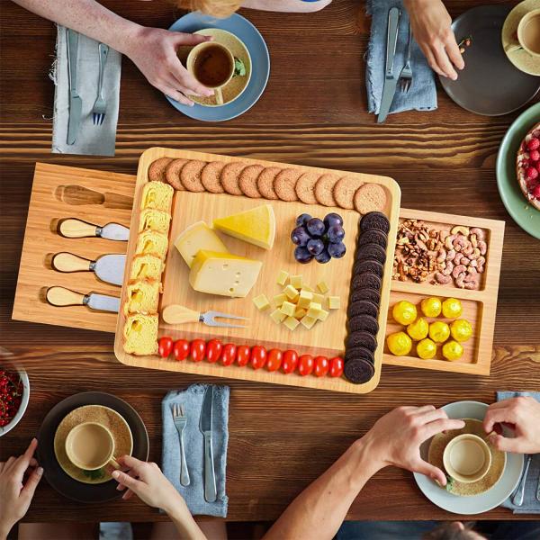 Double Side Wooden Serving Tray Bamboo Cheese Board Hidden Drawer Cheese Servers