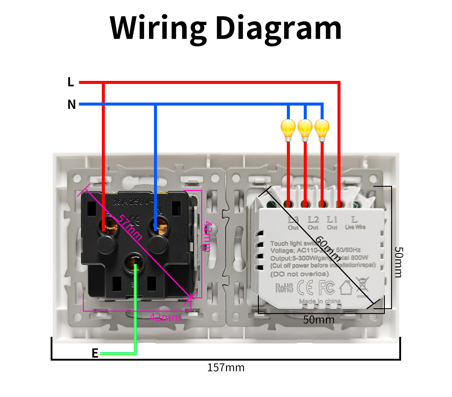 Euro Standard Type 157 touch switch socket combination for circular mounting box