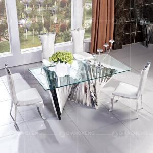 Rectangular 70 inch Minimalist Glass Dining Table Curve Polished Chrome SS Frame