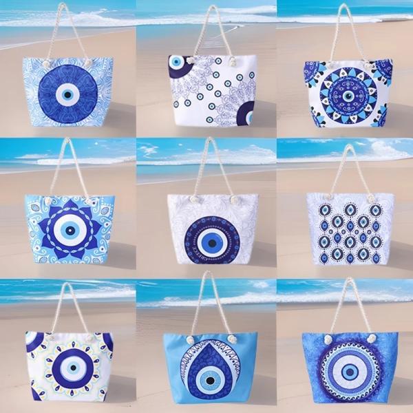 Wholesale Women'S Printed Handbags, Tote Bags, Hot Selling Devil'S Eye Canvas Bag Handbag Shoulder Bag Large Capacity Beach Bag Turkish Eye Bag