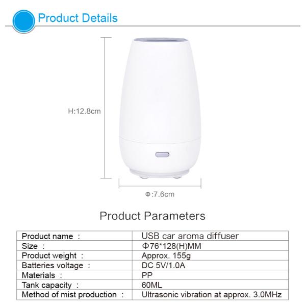 60ML Portable USB Plastic Aroma Diffuser With 7 Colors Night Light And Auto Shut-Off