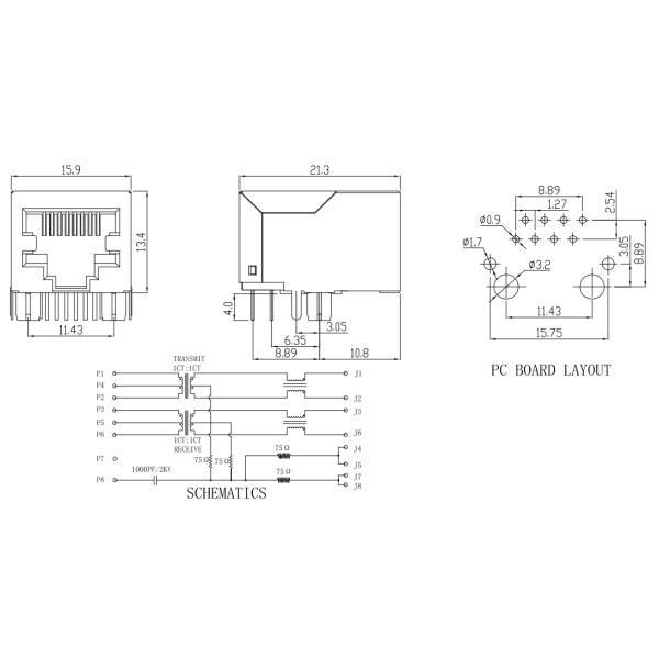 Electronic Magnetic Ethernet Jack , RJ45 Isolation Transformer Voltage Rating 125v