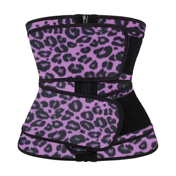 Purple Leopard Latex Zipper Waist Trainer Double Strap Plus Size Underbust Corset