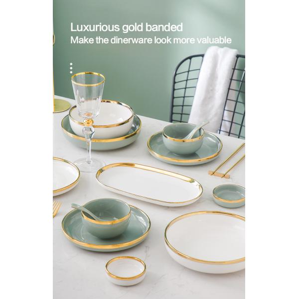 Nordic Luxury Style Ceramic Tableware Set Emerald Green With Gold Rim