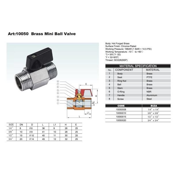 Brass Mini Ball Valve 10050 with Chrome plating 16Bar male to male