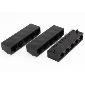 Black Housing RJ45 Multiple Port Connectors Unshielded R / A Thru - Hole