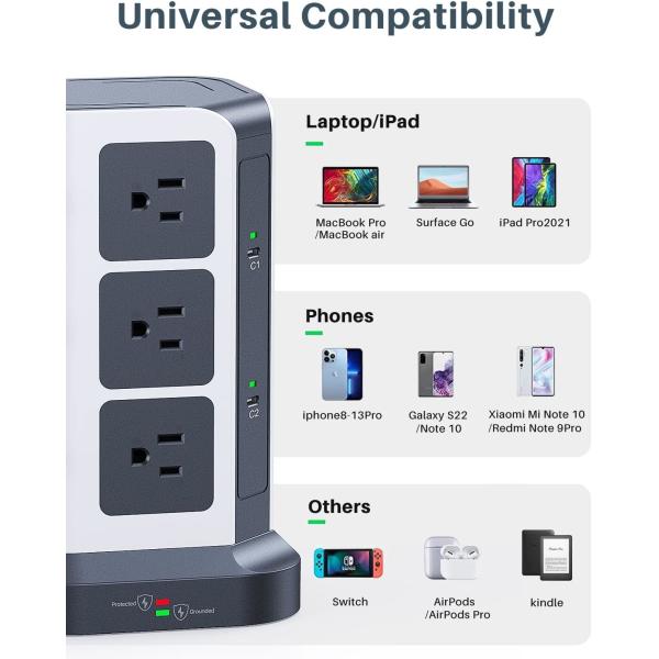 USB C Desktop Charging Tower Surge Protector OEM With 12 Widely Spaced AC Outlets