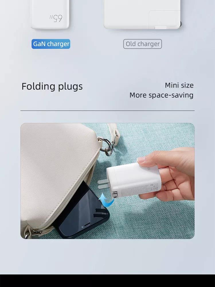 65W GaN 3 Ports USB Type-c Travel Adapter for High Speed Charging of Multiple Devices