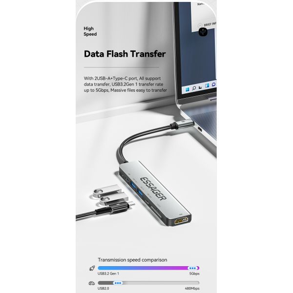 7 In 1 USB C HUB Multifunction Ports Fast Transmission 60W 4K 30Hz