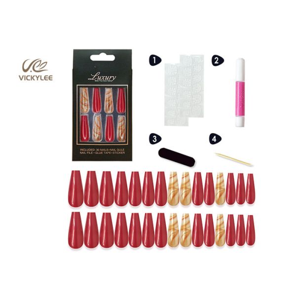 Long French Ballerina ABS red coffin nails 3 Minutes Fast Manicure