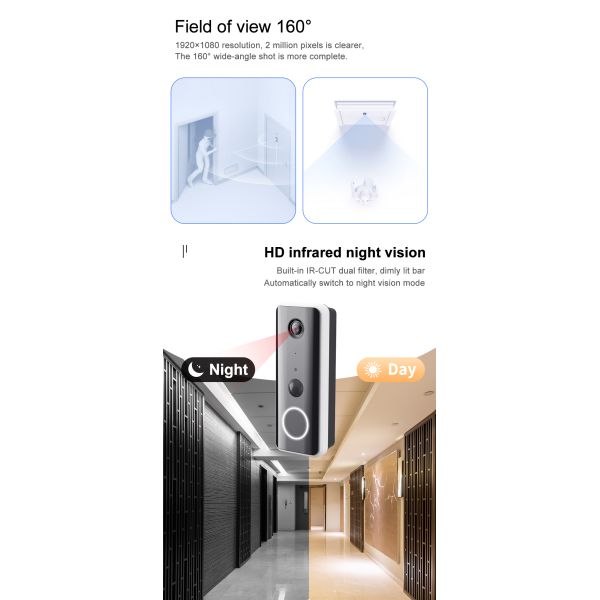 Pir Detection Smart Video Doorbell Ring 1080p Hd Wireless Peephole Cam Door Bell