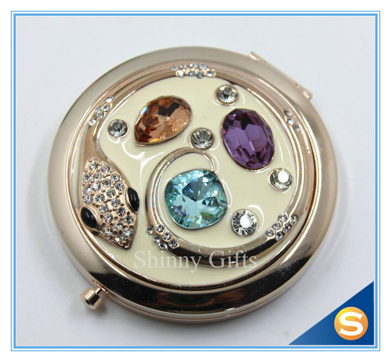 Shinny Gifts Custom Crystal Compact Mirror Handbag Small Round Shape Makeup Mirror