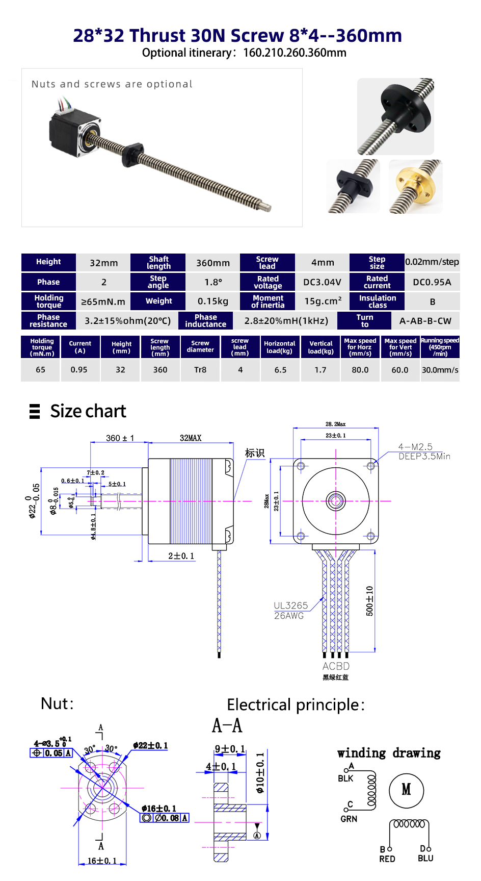 80 Degree Temperature Rise Nema 11 Linear Stepper Motor for Precise Linear Actuation