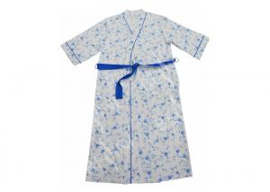 China Ladies Cotton Jersey Blue Floral Printed Bath Robe Kimono Wrap Blue Piping 3/4 Sleeve on sale