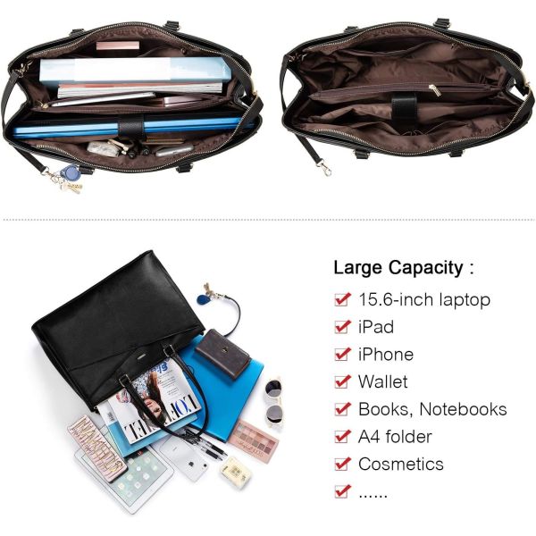 LAPTOP TOTE BAG FOR WOMEN 15.6 INCH WATERPROOF LEATHER COMPUTER BAGS BUSINESS OFFICE WORK BRIEFCASE BLACK