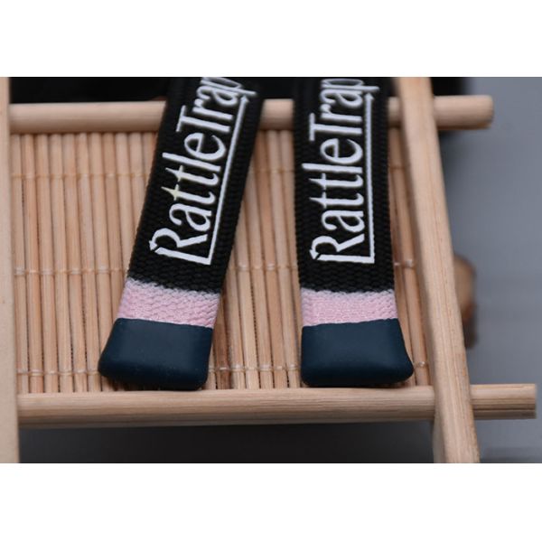 Customized 12mm Elastic Drawstring Cord Renewable Black Hollow With Silk Screen Drop Silicone Tip