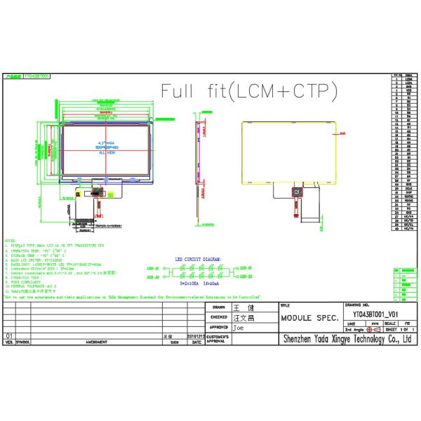 4.3" 500cd/M2 Industrial Touch Screen Display With ST7262E43 IC