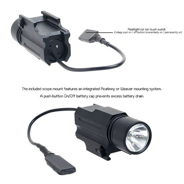 Waterproof Tactical LED Flashlight For Pistol 800 Lumen Yellow Light Weapons - Mountable With Rat Tail Touch Switch