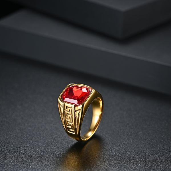316 316L Stainless Steel Gold Plated Ring Jewelry For Men With Ruby Crystal Stone