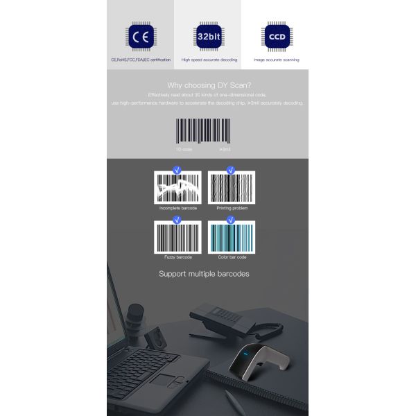 Bluetooth Wireless 2.4G Barcode Scanner 2D qr code reader with charging stand DS6510B-2D