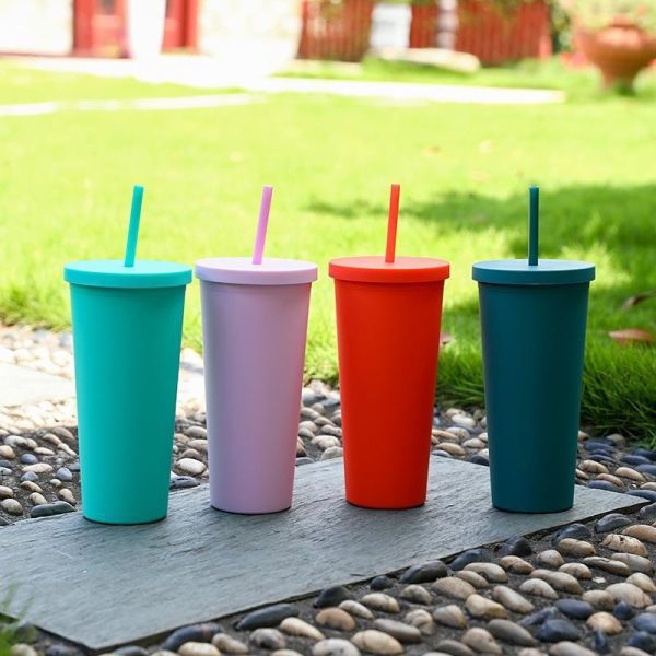 RTS 24oz AS/PS Material Custom Printed Plastic Tumblers Reusable Double Wall Plastic Cup With Straw Candy Color Non Slip Environmental Friendly