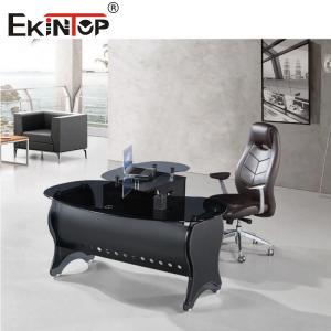 China Thickened Tempered Glass Computer Desk Round Corner Black Color Full Mirror Feel on sale
