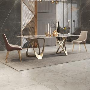 Rectangular 2.0 Meter Marble SS Dining Table Two Gold Same Base Support Artificial Marble