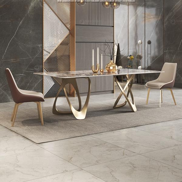 Quality Rectangular 2.0 Meter Marble SS Dining Table Two Gold Same Base Support Artificial Marble for sale