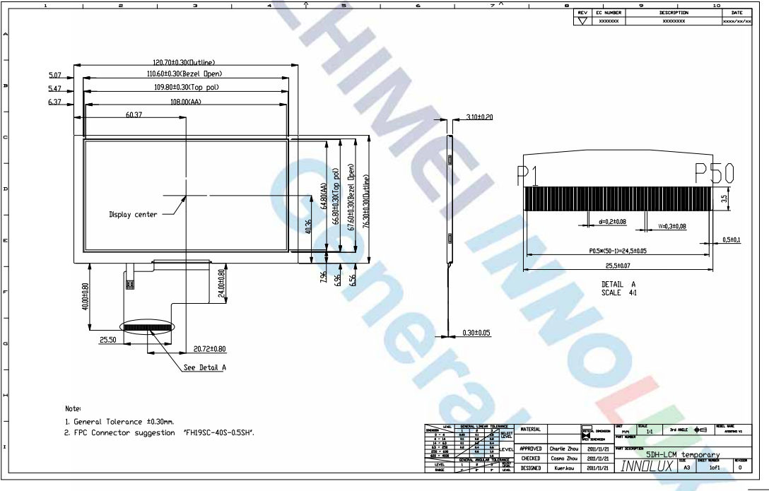5inch Innolux LCD Display Module EJ050NA-01G ZJ050NA-08C AT050TN22V. 1