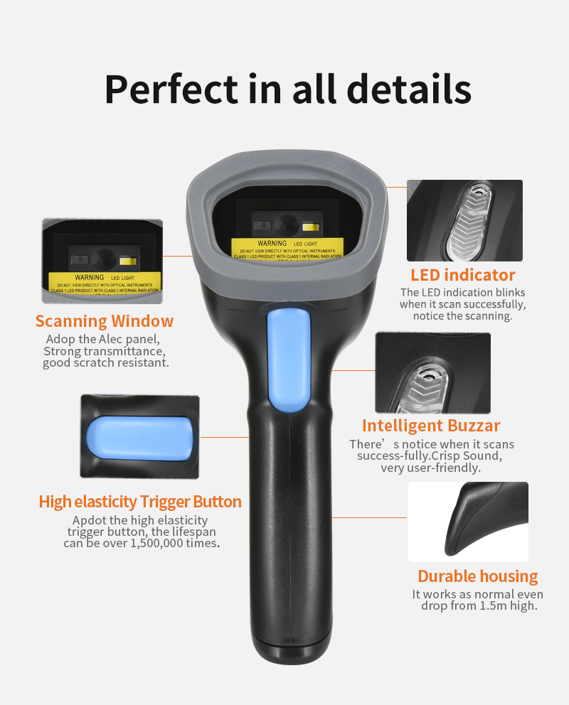 Handheld QR Code Scanner Android Barcode Scanning Gun 1D 2D USB Handheld Barcode Scanner