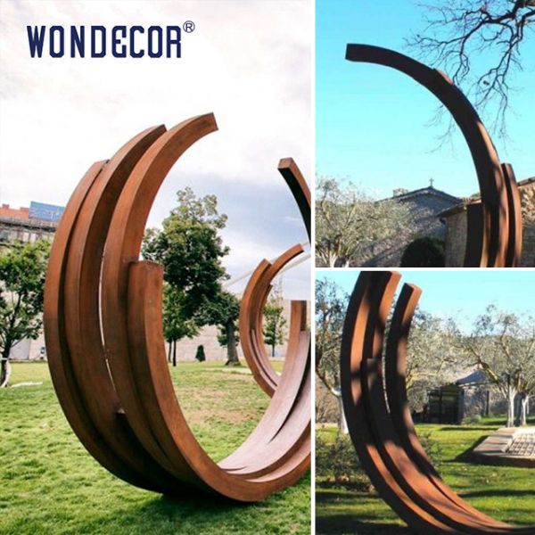 Large outdoor garden abstract long strip ring weather resistant steel sculpture