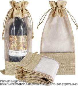 China Burlap Wine Bags With Sheer Window, Hessian Cloth Bottle Gift Bags With Drawstring For Christmas Holiday Wedding Party on sale