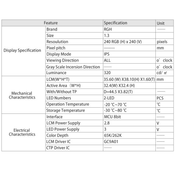 1.3 Inch 240x240 Round LCD Displays ISP RGB Customized OEM ODM