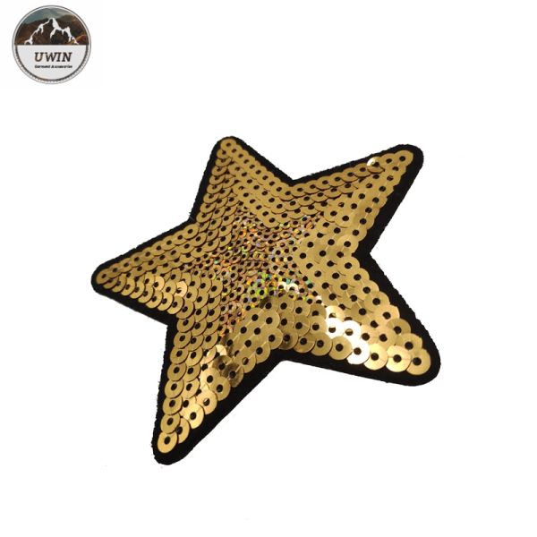 Sew On Style Sequin Star Patch , OEM Gold Star Applique Merrowed Border