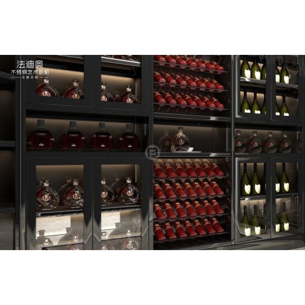 Stainless Steel Wine Cabinet With Black Glass Doors And Corner Storage