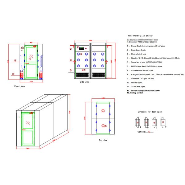 Three Personal Air Shower Room Stainless Steel 304 With Single Leaf Swing Doors