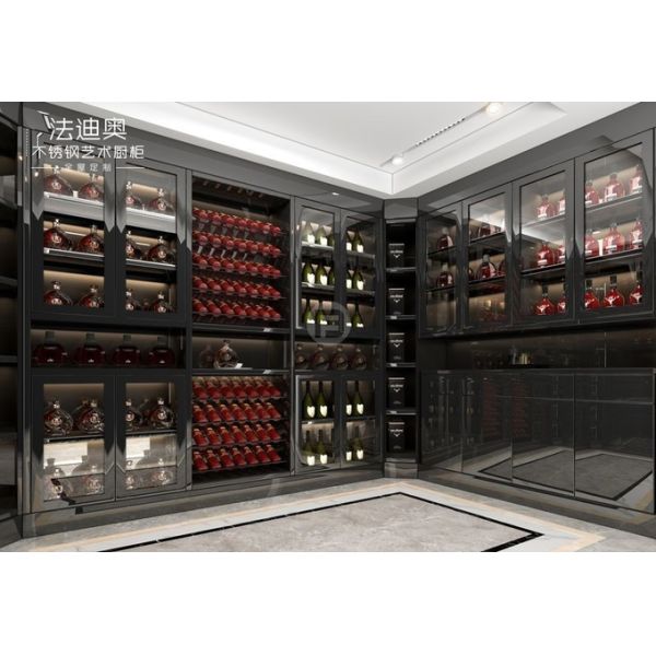 Stainless Steel Wine Cabinet With Black Glass Doors And Corner Storage