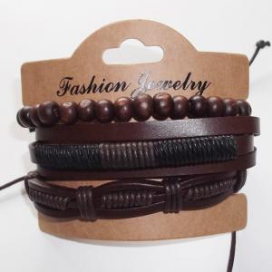 Wholesale Leather Bracelet Set of Wooden Beads Strand and Braided Leather Bangle Adjustable length 5.5 inch for men and women from china suppliers