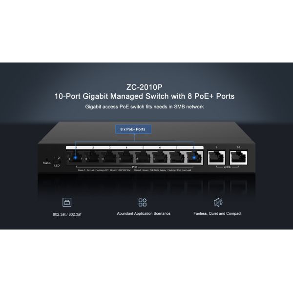 ZC-2010P Gigabit 10 Port Poe Switch Smart Cloud Managed 20 Gbps Switching Capacity